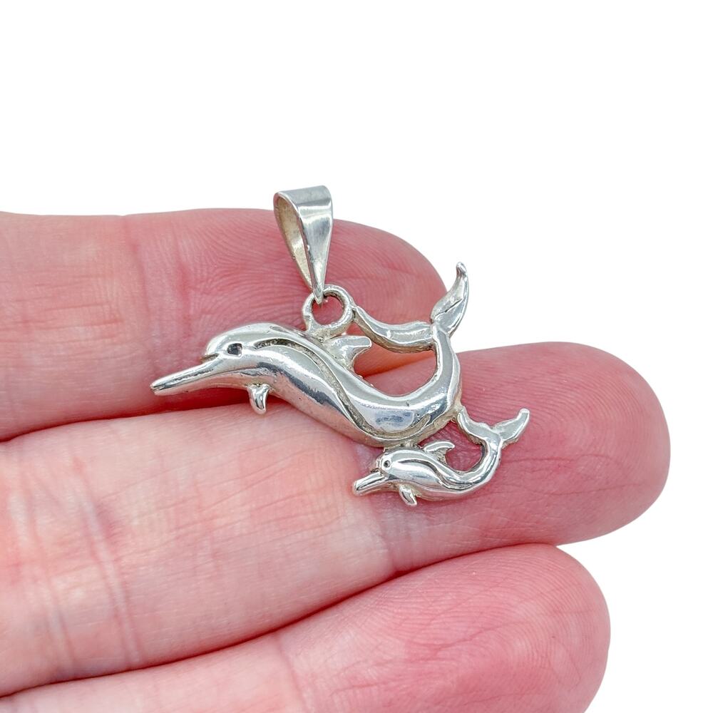 Vintage Sterling Silver 925 Dolphin Family Mother Child Pendant
